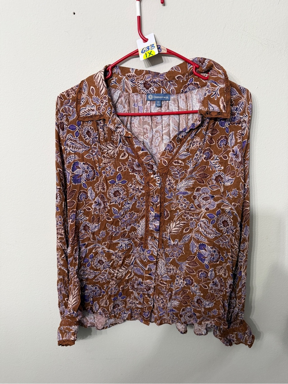 Women’s Democracy Size 1X Brown Purple Floral Print Long Sleeve Blouse